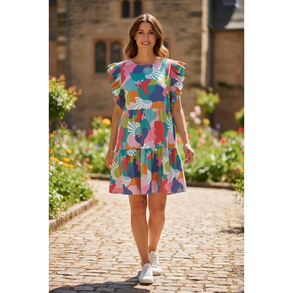 Michelle McDowell Everly Dress Women Multi Seashell Tiered Flutter Sleeve Small